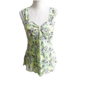JKLA California Women’s Y2K Tank Chiffon Size Large Green White Sweetheart Neck